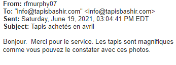 Témoignage d'une cliente satisfaite de nos services et de nos magnifiques tapis.